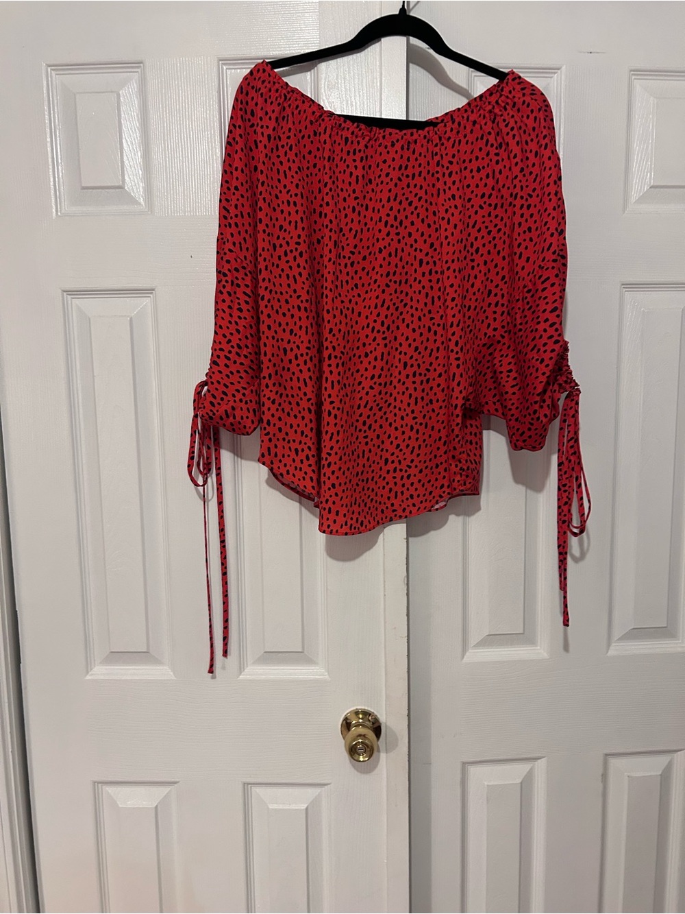 Derek Lam Red Off-the-Shoulder Tie-Sleeve Blouse with Black Dot Print